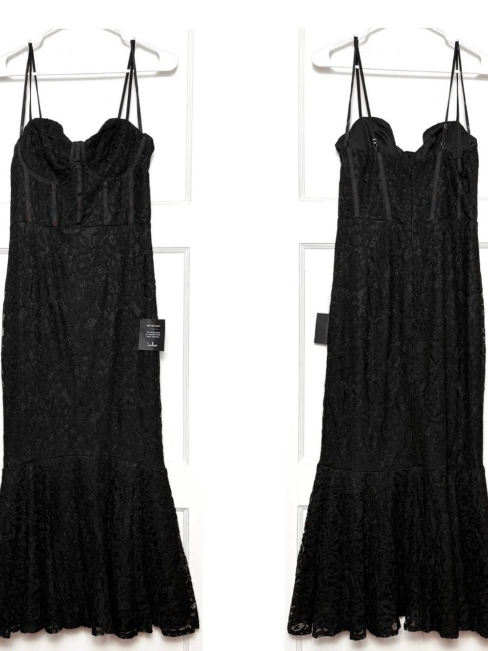 Lulu's Black Lace Trumpet Midi Dress with Spaghetti Straps - Picture 4 of 5